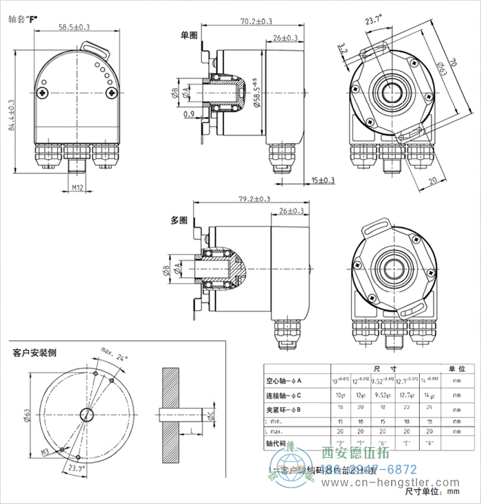 AC58-EtherCAT光電絕對(duì)值編碼器外形及安裝尺寸(軸套F) 德國hengstler(亨士樂)編碼器