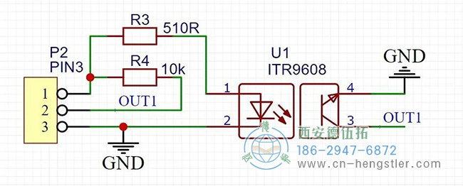 ITR9608是一種常見的對(duì)射式光電開關(guān)，加兩個(gè)電阻就可以使用了，設(shè)計(jì)了簡(jiǎn)單的原理圖